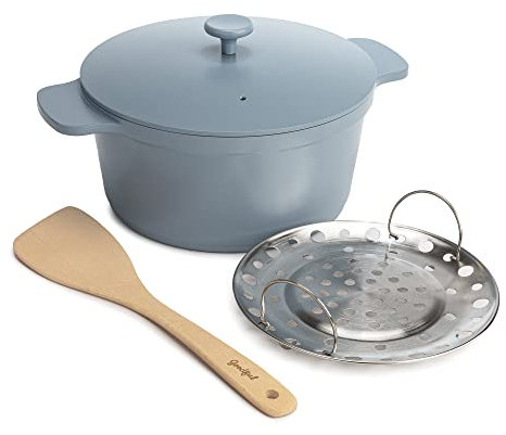 Goodful All-In-One Pot, Multilayer Nonstick, High Performance Cast Dutch Oven With Matching Lid, Roasting Rack And Turner, Made Without PFOA, Dishwasher Safe Cookware, 4.7-Quart, Blue Mist