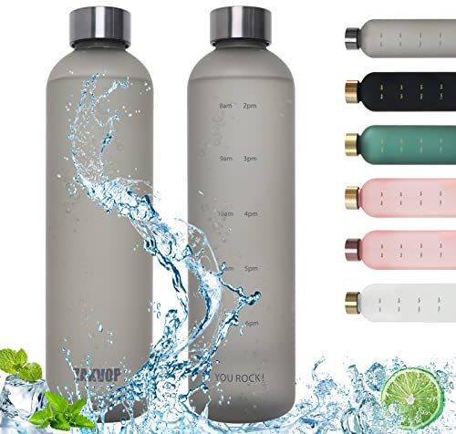 ZAKVOP Trinkflasche 1L Wasserflasche Sport mit Zeitmarkierung Trinkerinnerung, Trinkflasche Kohlensäure Geeignet, Sportflasche Auslaufsicher, BPA-frei, Ideal für Sport und Outdooraktivität, Grau