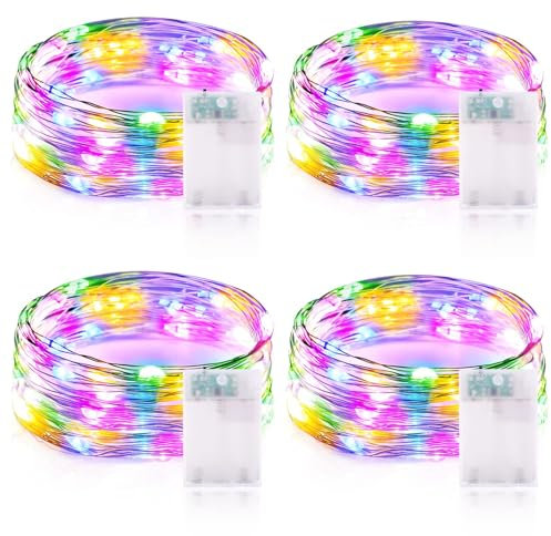 Lichterkette Batterie Timer, 4 Stück LED Lichterkette Bunt Batterie, 3 meter 30er LED Lichterkette Draht Halloween Dekoration Lichterkette für Party Weihnachten Garten Innen Deko - Bunt