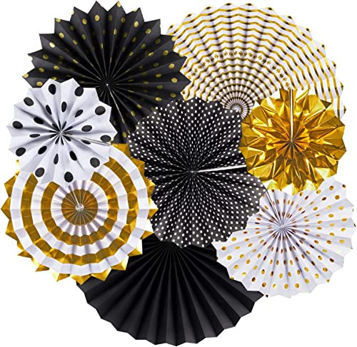 SUNBEAUTY 8 Stück Papier Fächer Dekoration Hanging Party Schwarz Gold Papierfächer Party Deko Set für Geburtstag Hochzeit Abschlussfeier Veranstaltungen Zubehör