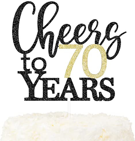 LOVENJOY Cheers to 70 Years Cake Topper Hallo 70. Geburtstag Tortendeko für Happy 70th Birthday Hochzeitstag Party Kuchen Dekoration, Zweiseitiger Glitzer Schwarz und Gold