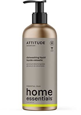ATTITUDE Washing Up Liquid, EWG Verified, Plant and Mineral-Based Ingredients, Vegan Household Products, Geranium and Lemongrass, Refillable Aluminum Bottle, 473 mL