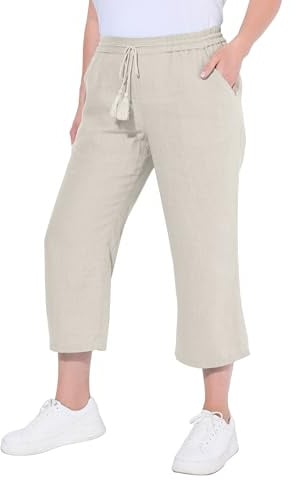 Ulla Popken Damen große Größen Übergrößen Plus Size 7/8-Leinenhose, elastischer Bund, natürlich kühl 803829