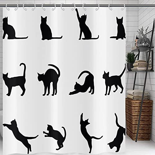 Hnmdmyi Tenda da doccia divertente gatto 180x200, nero gattino silhouette bagno bambini carino animale cartone animato in bianco e nero minimalismo arte impermeabile tessuto lavabile tenda da bagno