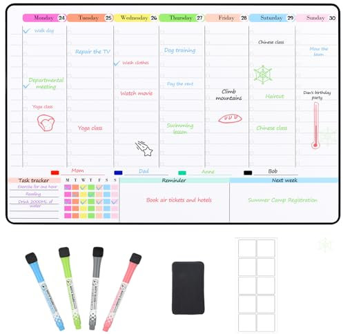 POPRUN Magnetic Calendar Whiteboard for Fridge Family Weekly Planner, A3 Family Schedule Planner with Time Slots, Reusable Dry Erase Board Meal Planner Board Monday to Sunday with 4 Markers and Eraser