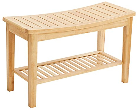 JIANCNGU Banc de Douche en Bambou allongé avec étagère de Rangement, Repose-Pieds, Tabouret de Rasage avec Pieds antidérapants, Tabouret à Langer for Salle de Bain, Salon, Chambre, entrée, Couloir