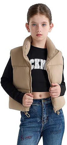 SOLOCOTE Gilet Invernale per Ragazze Impermeabile Caldo Senza Maniche con Colletto Alto Cappotto per Bambini Beige 6 anno