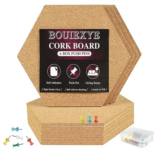 Bouiexye Lot de 10 tableaux d'affichage en liège avec 50 punaises hexagonales en liège autocollant pour mur, école, bureau à domicile