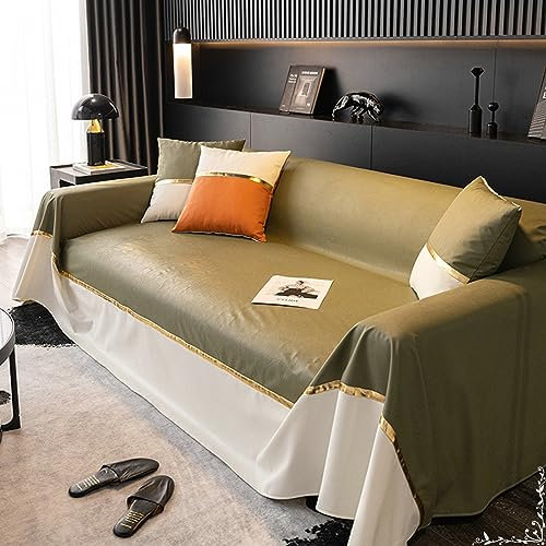 Gualiy Sofa Überzug 180x280cm, Zweifarbige Nähte Couch Überzug 3 Sitzer Sofaüberwurf rutschfest Senfgrün Sofabezug für Wohnlandschaft