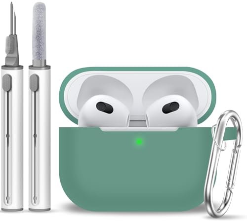 MOLOPPO AirPods 3 Case Cover, Silicone Protective Accessories Skin with Keychain and Clean Pen Compatible with Apple AirPod 3rd Generation 2021 for Women Men,Front LED Visible-Pine Green