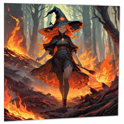 Purple Fox Anime Hexe Grußkarte – Böses Feuer Zauberin Flamme Geburtstagskarte 145 x 145 mm, Weiss/opulenter Garten