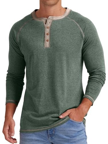 Sailwind Mens Henley T-Shirt Long Sleeve Cotton Tops Casual Shirt (VG Green, M)