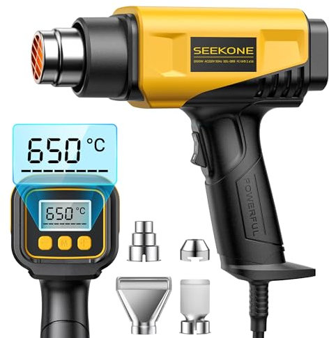 SEEKONE Pistola ad Aria Calda 2000W con LCD, 50℃-650℃ Pistola Termica Design Compatto Temperatura e Flusso D'aria Regolabili, con Protezione da Sovraccarico e Ideale per Il Restringimento del PVC
