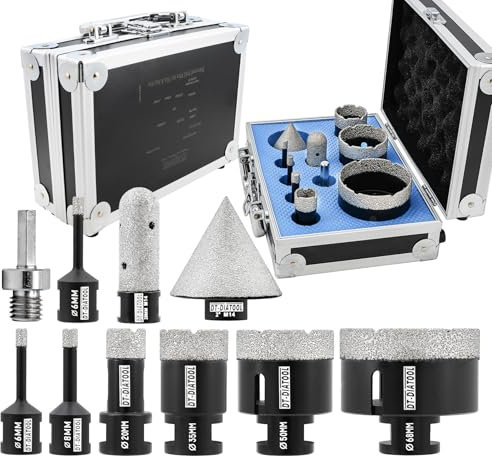 DT-DIATOOL Foret Diamant Carrelage Kit - 10pcs(6/6/8/20/35/50/68mm+20mm Forets à Fraiser+50mm Mèches Chanfrein+Adaptateur Hexagonal) Scie Cloche Diamantée pour Porcelaine Carrelage Marbre Granit