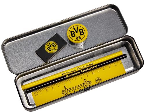 Borussia Dortmund Unisex Jugend Schreibset mit Metallbox, Exklusives BVB Schulset, schwarzgelb, 21x7x4 cm