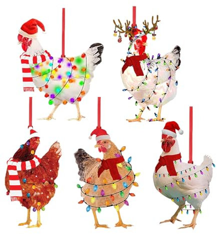 Weihnachtshuhn Anhänger Weihnachtsdeko 2D Acryl Weihnachtsbaum Hühner Hängende Deko Weihnachten Hähne Ornament Spaß Weihnachtsanhänger Christbaumschmuck Weihnachtsschmuck Geschenk (5PC-Holz, OneSize)