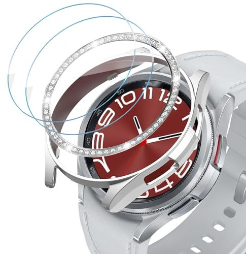 DEALELE [2+2 Pack Uhrengehäuse Kompatibel mit Samsung Galaxy Watch 6 Classic 43mm / 47mm, PC Schutzhülle + Glitzer Strass Bezel Ring + Schutzfolie aus Gehärtetem Glas, Silber, 43mm