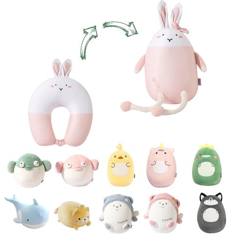 JOYRAVO 2-in-1 Travel Pillow for Kids - Soft and Adorable Animals Plushie That Converts into a U-Shaped Neck Pillow for Comfort During Airplane, Train, Bus Trip -Pink Rabbit