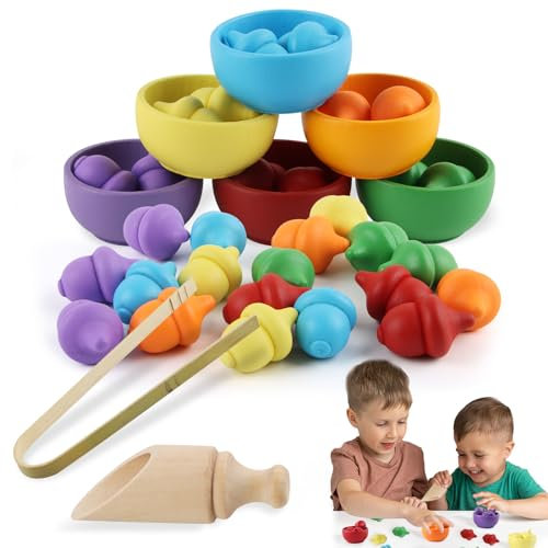 dellyy Montessori Spielzeug ab 1 Jahr, 26 PCS Verschiedenfarbige Eicheln Holz Sortier Spielzeug, Sensorik Spielzeug für Farbsortierung und Zählen, Geschenk ab 2 3 4 5 Jahr