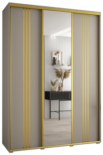 MEBLE KRYSPOL Dakota 7 Schrank mit DREI Schiebetüren - Moderner Kleiderschrank mit Spiegel, Kleiderstange und Regalen - 235,2x180x60cm - Kaschmir Gold