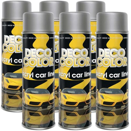 Deco Color 6er Sparpack ACRYL CAR LINE SILBER GLANZ RAL 9006 in 500ml - Lackspray für z.B. KFZ, Auto, Motorrad, Alufelgen, Stahlfelgen uvm. (6 Dosen 500ml Silber GLANZ)
