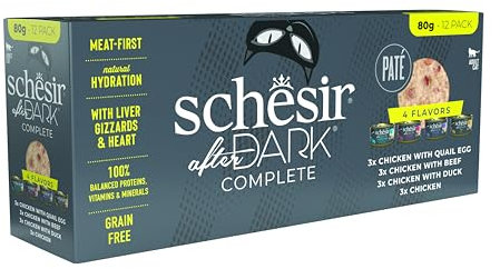 Schesir After Dark, Surtido Multisabor en Paté, Alimento Húmedo Completo para Gatos, en Latas, Sin Cereales, Alto Contenido en Proteínas, Rico en Hidratación, 12 x 80g