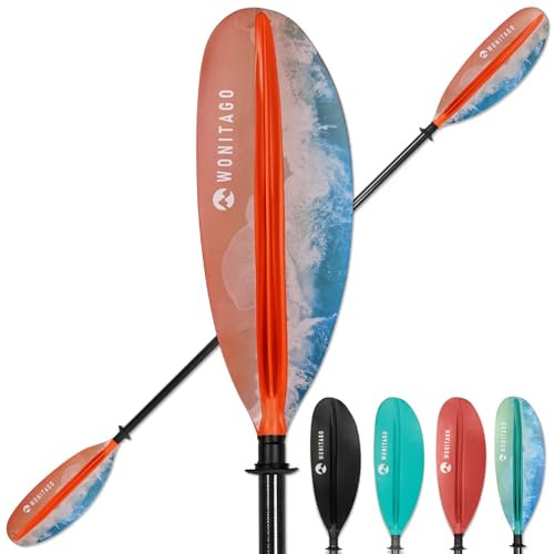 WONITAGO Kajak-Paddel, Premium-Kohlefaser-Paddel mit verstärktem PP + Fiberglas-Klinge, schwimmende, verstellbare Kajak-Ruder, 3 Stück, 240-260 cm, Ozean-Orange