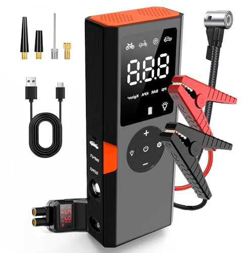 DANCESOUL Booster Batterie Voiture, 2 NI 1 Jump Starter Portable et Compresseur à Air Portatif, Démarreur de Voiture 12V/800A 12000mah avec Lumière LED Écran LCD, Pinces Intelligentes