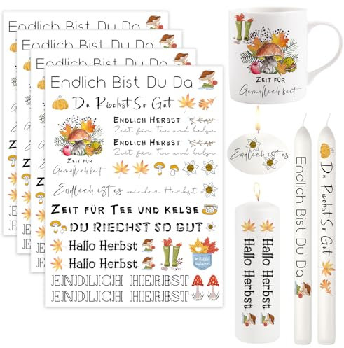 Ronoza® 4 Stück Kerzentattoos Herbst, Wasserschiebefolie Kerzen, Kerzenfolie, Kerzentatoo, DIY Geschenk, Kerzentattoo, Deko Herbst, Kerzen aufkleber, Kerzen Tattoo (Herbstmotiven E)
