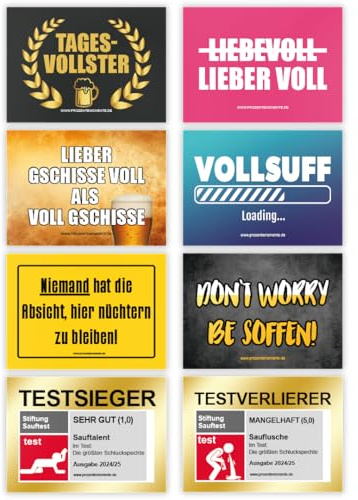 Saufsticker-Set – Malle Aufkleber Sprüche – 7,5 cm x 5 cm – 8 Motive á 10 Stück – 80 Stück – Fun, Spaß & Party – Urlaub – Mallorca, Malle & Ballermann Sticker