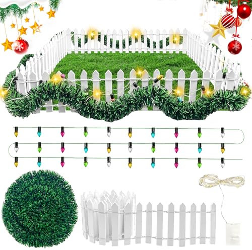 Wichtel zubehör Weihnachten,Miniatur Zaun Gartenzaun Holz,90 x 5cm Fairy Garden Holzzaun,mit Deko Lichterkette 100cm,200cm Fairy Lights LED,Puppenhaus zubehör,wichtel zubehör Weihnachten(Warme)