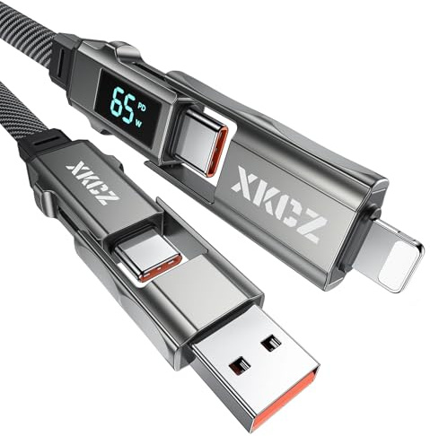 USB C Cable [65W 4 in 1 Charging Cable with LED Display] Flat Braided Multi Charging Cord with Data Sync, Type C Charger Cable Combo Type C/USB A/L Port for iPhone/iPad/Samsung/MacBook, 5ft