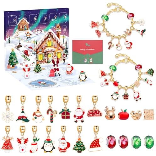 Adventskalender 2025 Schmuck, Weihnachten Advent Festlicher Schmuck, DIY Metall Armbänder Kit, 24 Stück Goldfarben Armbänder und Charms, Geeignet für Mädchen und Frauen Weihnachten Geschenke