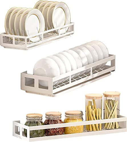 Escurridor de platos con bandeja de goteo, escurreplatos de pared, estante de especias, blanco, blanco y negro