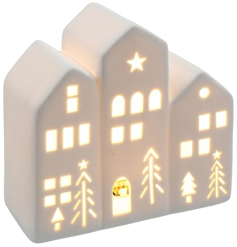 Shudehill Giftware China White Christmas LED Cosy House | Light Up Warm White, Xmas Trees and Stars, Home Decoration, Triple