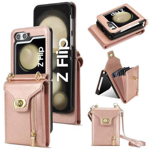 Custodia a portafoglio per Samsung Galaxy Z Flip 6, custodia a portafoglio in pelle opaca con cerniera staccabile tracolla fibbia design - rosa