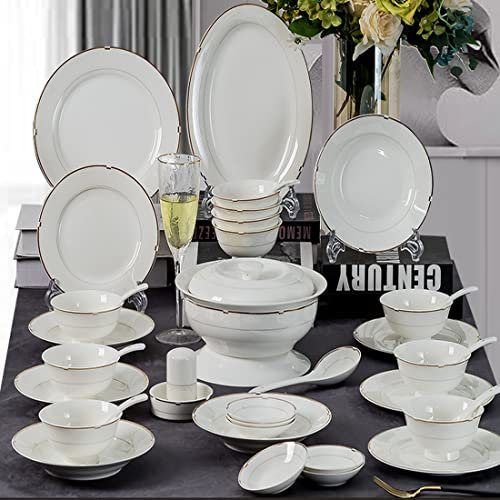 Vajilla Platos de cena blancos, Juego de vajilla de porcelana para 56 piezas, Juego de vajilla de platos Vajilla de cerámica simple moderna china Cuenco de fideos Plato de porcelana de hueso Jingdez