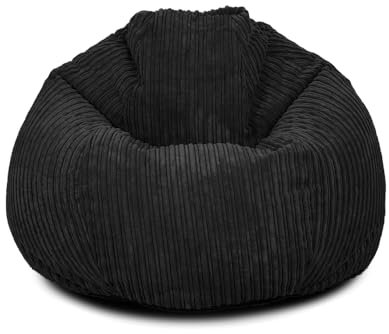 Extra Large Corduroy Ready Filled Adult Bean Bag - Lightweight Comfortable Beanbag Lounger Chair for All Ages - Recliner Breathable Fabric Gaming Seat for Bedroom Lounge (Black)