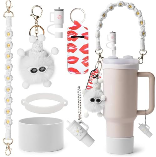 7PCS Stanley Cup Accessories Set Including I Water Bottle Handle Strap,Silicone Cup Boot, Keychain Charms & 3 Pcs Handle Charms,Straw Topper Accessories for 40oz & 30oz Stanley Tumbler(Creamy)
