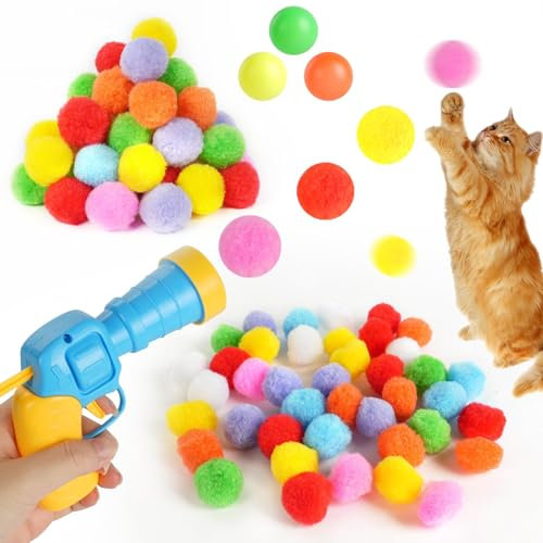 OSDUE Katzenspielzeug, Filzbälle für Katzen 1 Katzen Ball Launcher mit 100 Bällen Interaktive Katzenbälle Weicher Plüschball Natürliches Spielzeug Spielbälle Leise und Sicher Cat Toy Ball