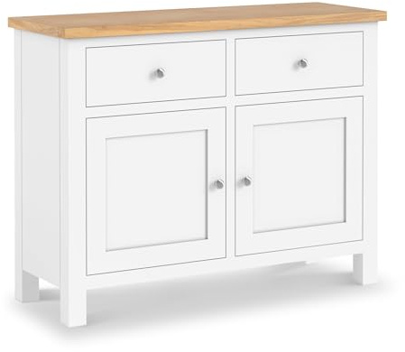 RoselandFurniture Farro XL White 2 Door Sideboard for Living Room | Ready Assembled, Wooden Storage Cabinet with Drawers, Oak Top, Painted, Contemporary Style, H85cm W110cm