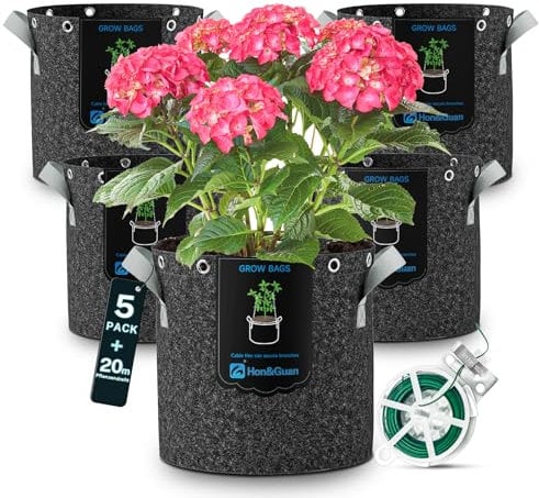 Hon&Guan 5X 12L Pflanzsäcke mit Griffen & Metallösen, 350g/m² Vliesstoff Pflanzbeutel Atmungsaktiver Tomatentopf für Gemüse, Obst, Blumen, Growzelt (3 Gallonen, Ø 25 x Höhe 25cm)