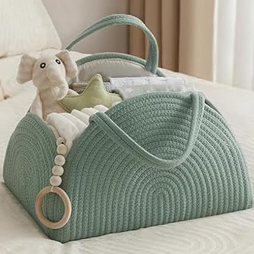 YUEMING Organizador de Pañales para Bebé, Cesta Bebe Grande de Cuerda con Compartimentos, cesta Cambiador Bebe (Verde)