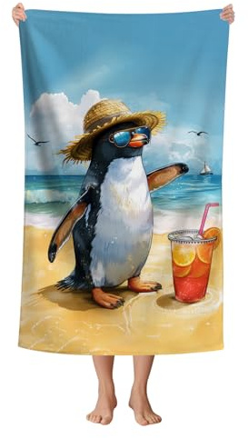 WZOMT Mikrofaser-Strandtuch mit Pinguin-Motiv, niedlicher Pinguin mit Sonnenbrille, Sommer-Stranddruck, Handtücher für Kinder, Jungen, Mädchen, lustig, schnell trocknend, saugfähig, Badetuch zum