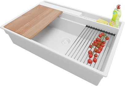 PRIMAGRAN Evier Cuisine en Granit Tout Blanc 78x53cm, Lavabo 1 bac + Kit de Vidage + Accessoires, Évier à Encastrer au meuble 80cm - Oslo Pocket