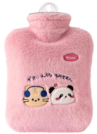 Cute Hot Water Bottles, Bear Rabbit Hot Water Bottle with Soft Plush Cover, Super Soft Fluffy Cartoon Cover, Removable for Cleaning, for Kids, Adults & Teens (Pink)