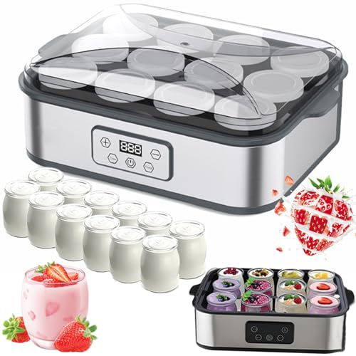 Yoghurt Maker with Timer & Temperature Control, 2200ml Automatic Yogurt Machine with 12 Glass Jars for Fresh Homemade Yogurt