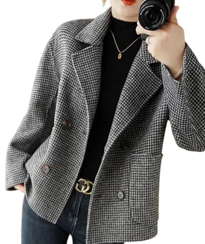 LIEROLYE Manteau Court en Laine Pied-de-poule for Femme, Veste Blazers Courte Croisée avec Poche