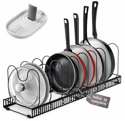 ELISPACES Organisateur de poêles et casseroles extensible avec 10 séparateurs + support pour couvercle et spatules | Support réglable pour ranger couverts, casseroles, poêles et rangement d'ustensiles
