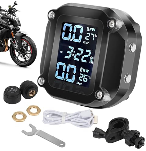 Derwrtup Motorrad Reifendruck Überwachungssystem | LCD Anzeige Reifen Detektor | Wasserdichter Reifendruck-Alarm mit außenliegendem Sensor | Für Straßensicherheit, Motorradfahren, Pendeln Und Touren